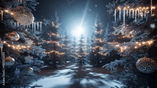 christmas tree in Falling Snow, Christmas festive background, Christmas ambient background, Christmas outdoor background, Christmas tree, ornaments in snow falling, christmas outdoor view