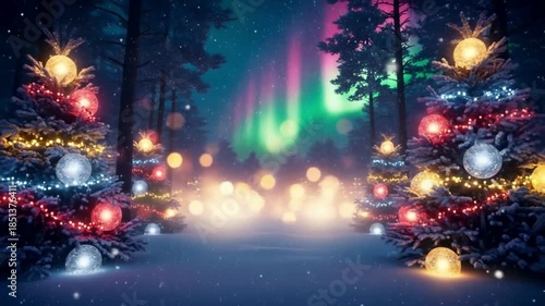 christmas tree in Falling Snow, Christmas festive background, Christmas ambient background, Christmas outdoor background, Christmas tree, ornaments in snow falling, christmas outdoor view