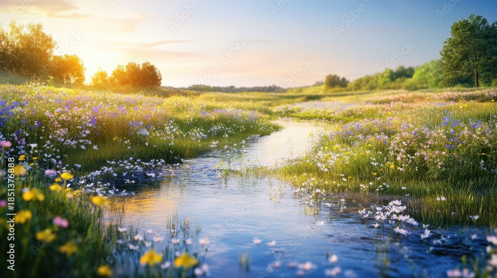 custom made wallpaper toronto digitalA brook winds through a colorful field filled with flowers while the sun rises on a clear morning. The scene shows nature in its daily routine