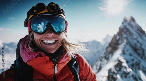 Wallpaper Mural A female mountaineer stands on top of a snowy peak, smiling after reaching the summit. The sky is bright and clear, showcasing mountains in the background Torontodigital.ca