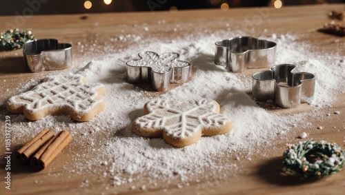 Festive Christmas Cookies with Snowflake Icing and Cookie Cutters.