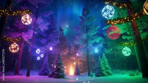 christmas tree in Falling Snow, Christmas festive background, Christmas ambient background, Christmas outdoor background, Christmas tree, ornaments in snow falling, christmas outdoor view