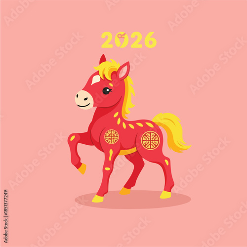Cute red horse cartoon with 2026 text for Chinese New Year.
