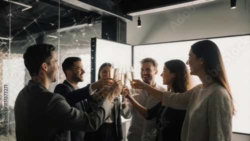 Diverse business team celebrating success with champagne toast in modern office.