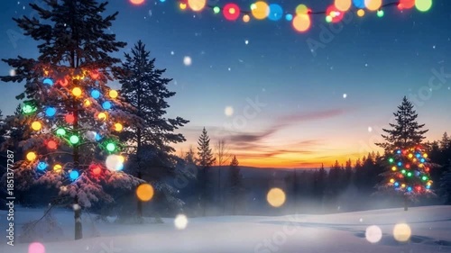 a cozy winter village shines brightly with festive Christmas lights, festive scene, festive background, Christmas ambience background, Christmas background videos, Holiday Stock Footage