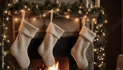 Cozy fireplace with three Christmas stockings and festive lights.