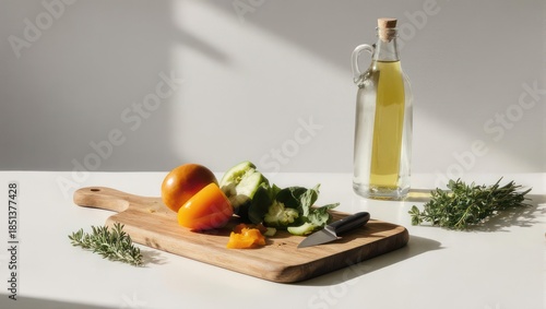 Freshly chopped vegetables on a wooden board with olive oil bottle.