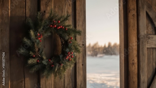 Rustic Wooden Door with Festive Christmas Wreath and Snowy Landscape.