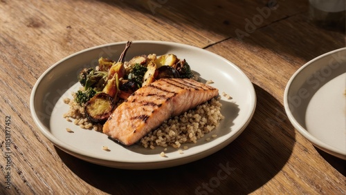 Grilled Salmon Fillet with Quinoa and Roasted Vegetables on a Rustic Wooden Table.