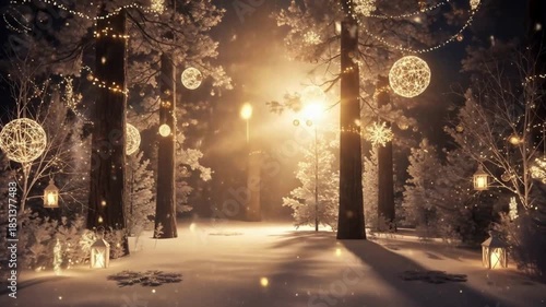 christmas tree in Falling Snow, Christmas festive background, Christmas ambient background, Christmas outdoor background, Christmas tree, ornaments in snow falling, christmas outdoor view