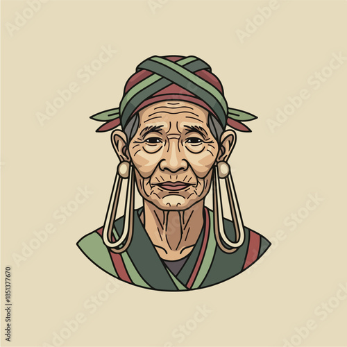 Elderly Woman from an Indigenous Tribe with Traditional Headwear and Earrings.