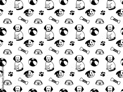 Seamless pet pattern with dogs and accessories. Hand drawn vector background