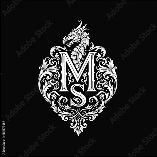 Elegant Dragon Monogram MS with Ornate Filigree Design.