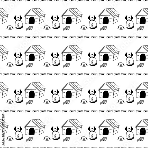 Seamless hand drawn dog pattern with puppies, dog houses, bowls and toys on white background 