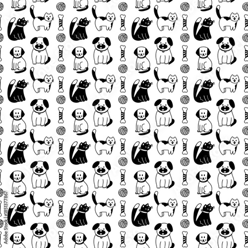 Seamless hand drawn pet pattern with dogs, cats, toys and yarn on white background