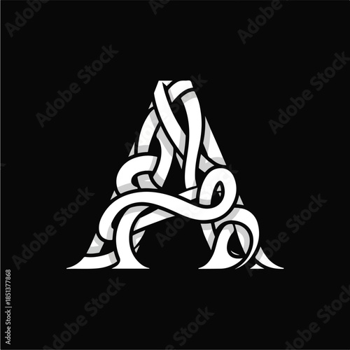 Elegant White Letter A with Intricate Celtic Knotwork Design on Black Background.