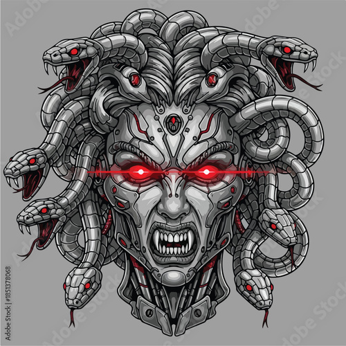 Intense Cybernetic Medusa Head with Glowing Red Eyes.