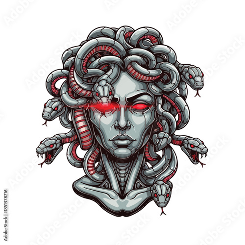 Medusa Head with Glowing Red Eyes and Snake Hair Illustration.