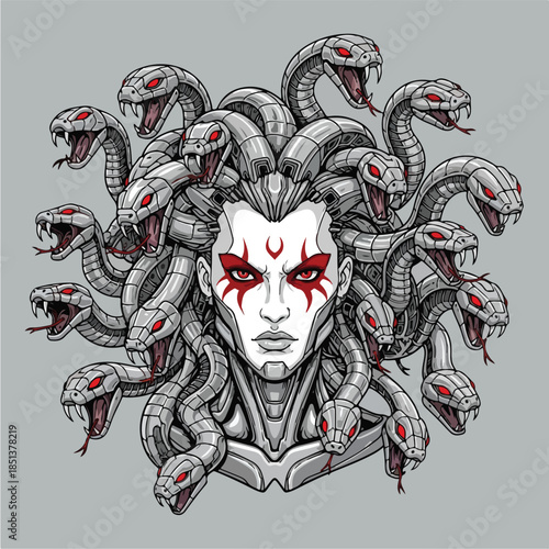 Medusa Gorgon with snakes as hair and red markings on face.