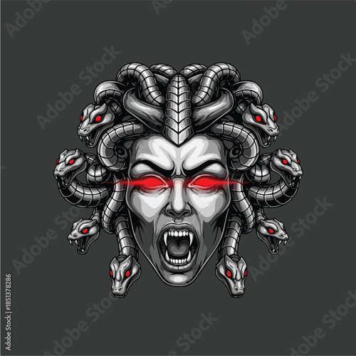 Medusa Head with Glowing Red Eyes and Snakes.