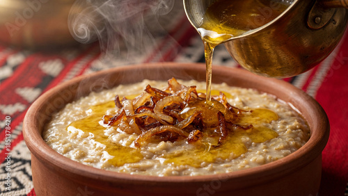 Pouring golden ghee over traditional Saudi Jareesh dish in clay bowl