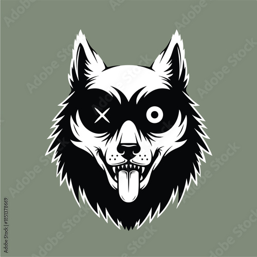 Monochromatic stylized wolf head with one eye covered by an X and the other open tongue out on a solid background.