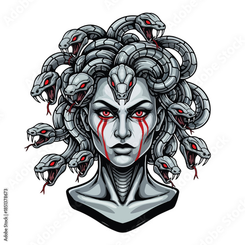 Medusa with snakes as hair and blood tears a mythical creature from ancient Greek mythology.