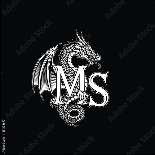 Monogram MS with Dragon Black and White Mythical Creature Fantasy Art Elegant Design Detailed Illustration Majestic Beast Ancient Symbol Powerful Imagery Mystical Emblem Legendary Figure Winged Serpe.
