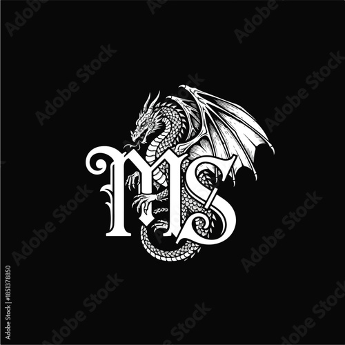 Monogram MS with Dragon Wings and Tail Black and White Illustration.