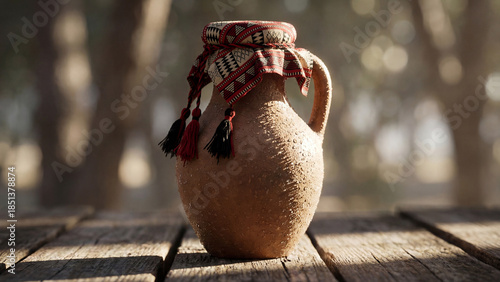 Traditional clay water jug with patterned Sadu fabric cover on wood
