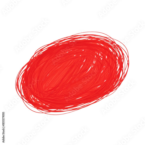 Vibrant fire-engine red permanent marker scribble forming an irregular ellipse frame, capturing hyperdetailed ink texture on a transparent flat lay background with copy space. Conceptual graphic