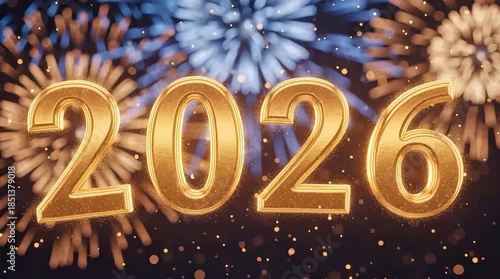 Golden 2026 New Year celebration with fireworks and sparkles