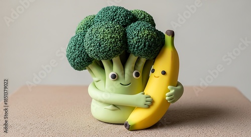 Cute Broccoli and Banana Hugging Together.
