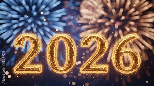 Golden 2026 numbers with vibrant fireworks in the background