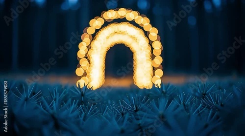 Glowing rainbow lights in forest with pine needles