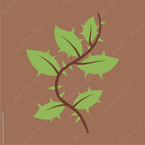Thorned Vine with Green Leaves on Brown Background.