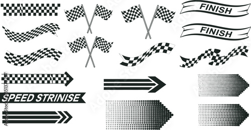 Vector collection of racing design elements featuring checkered flags, finish banners, speed stripes, and directional arrows
