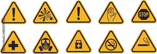 Collection of yellow warning signs for hazardous materials and safety precautions