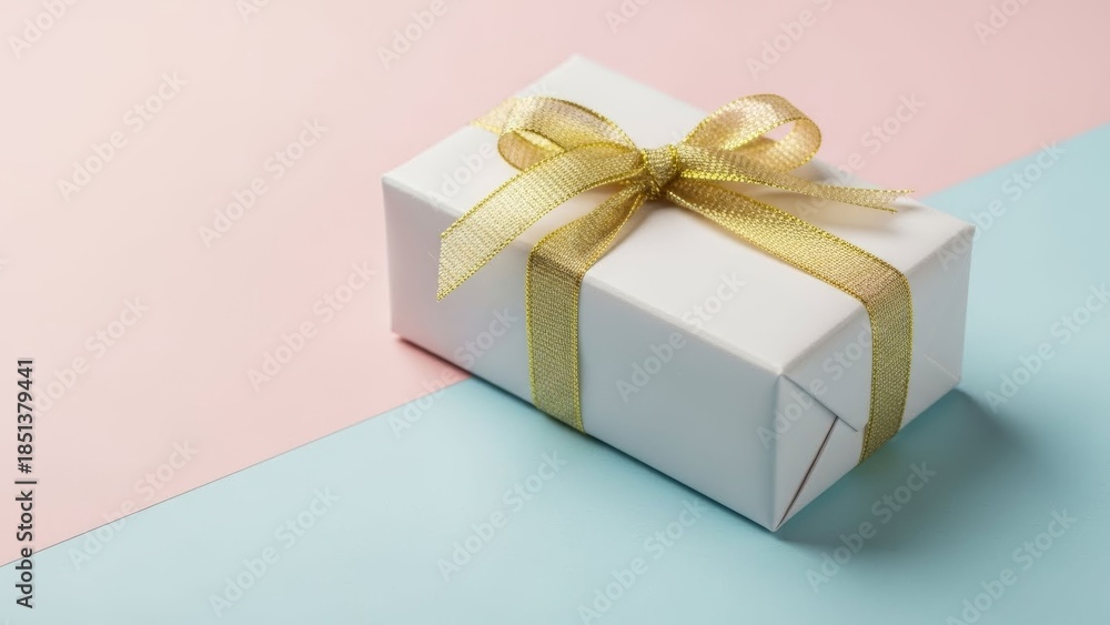 Fototapeta premium Elegant Wrapped Gift Box with Gold Ribbon on Colorful Pastel Background