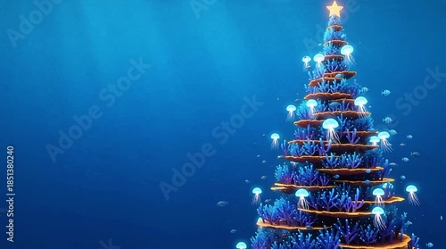 Underwater Christmas tree with glowing jellyfish and coral reef