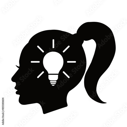 Female Human head silhouette with light bulb Black Icon Vector - concepts for creativity and innovative thinking