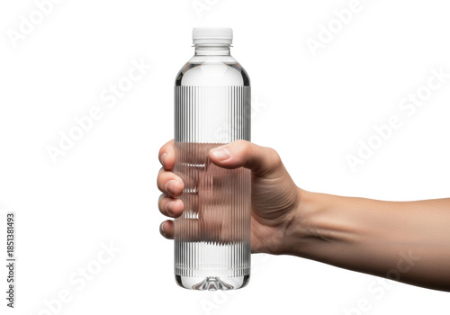 ultra-realistic close-up of a neutral adult hand firmly gripping a vertically ribbed clear pet water bottle against a shadowless white backdrop, concept for hydration and packaging integrity