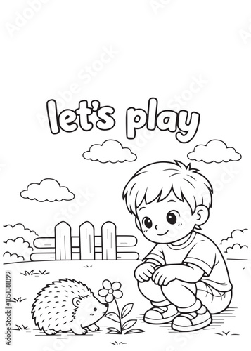 Photos coloring book cute boy picking flowers with a hedgehog nearby