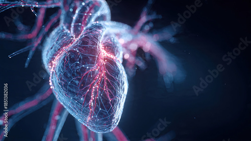Glowing circulatory system visualization highlights internal electrical pathways of the human heart organ