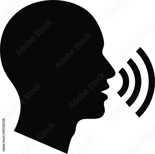 Voice Control Icon with Human Head Profile Silhouette and Sound Waves for Speech Recognition Virtual Assistant Audio Communication and Vocal Technology
