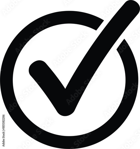 Bold vector checkmark sign in a circular frame representing a verified account, correct answer, positive choice, or finished business objective achievement.