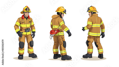 Set of firefighter character in full protective uniform from different angles
