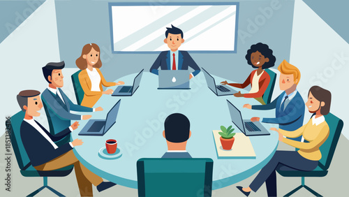 Business people having a meeting around a round table in the office illustration