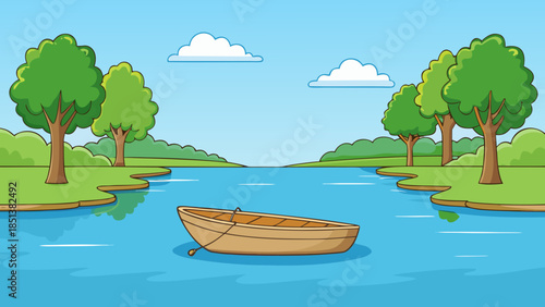 Cartoon landscape of a wooden boat floating on a calm river with green trees and blue sky background