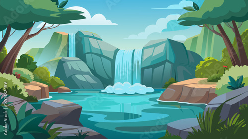 Cartoon waterfall landscape with beautiful tropical jungle lake and green mountains background
